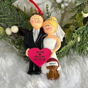 Personalized Blonde Bride Brown Hair Groom Wedding Couple with Optional Dog Cat Pet Christmas Ornament