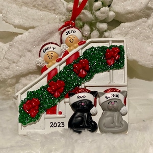 Personalized Couple Christmas Bannister Ornament with Optional Pet Dog Cat