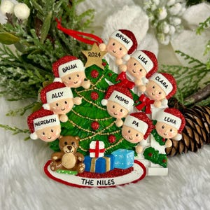 Personalized Family of 9 Peeking Christmas Tree with optional Pet Dog Cat Christmas Ornament