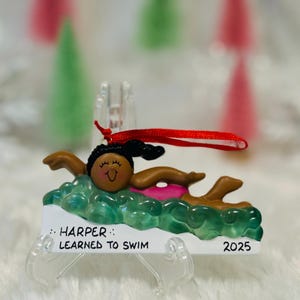 Personalized African American Dark Skin Female Girl Swimmer Christmas Ornament