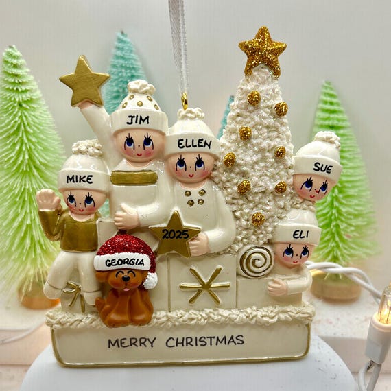 Personalized Family of 5 White Christmas Ornament With Optional
