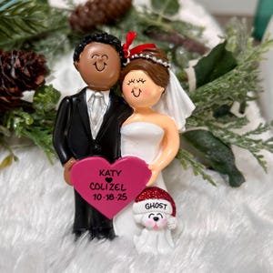 Personalized African American Groom Brunette Bride Wedding Couple with Optional Dog Cat Pet Christmas Ornament