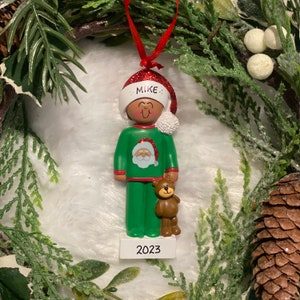 Personalized African American Dark Skin Boy in Pajamas with Teddy Bear Christmas Ornament