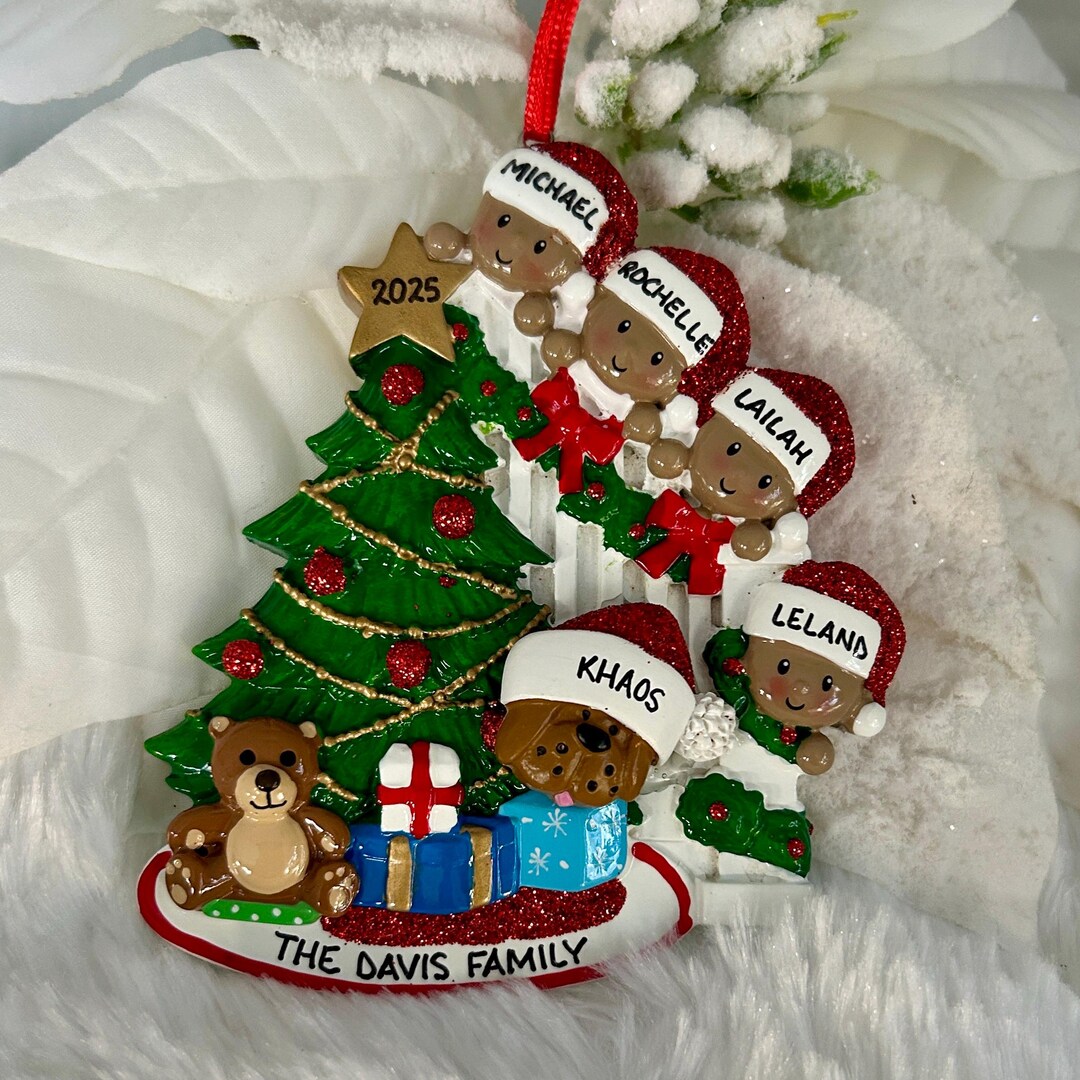 Personalized African American Family of 4 Peeking Christmas Tree With ...
