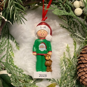 Personalized Boy in Pajamas with Teddy Bear Christmas Ornament