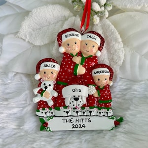 Personalized Pajama Family of 4 with optional Pet Dog Cat Christmas Ornament