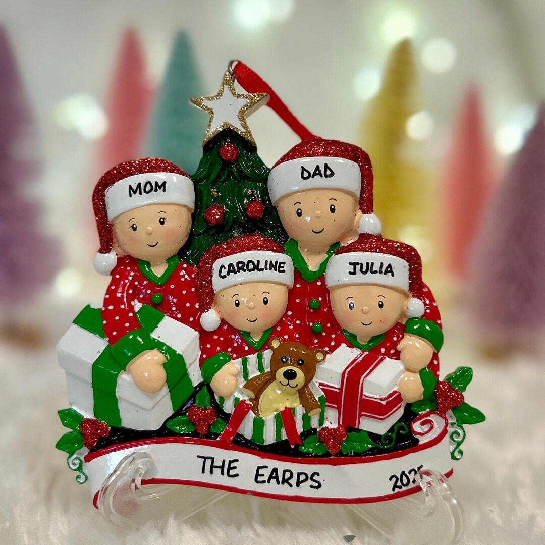 Personalized Family of 4 in Pajamas Opening Presents With Optional Pet ...