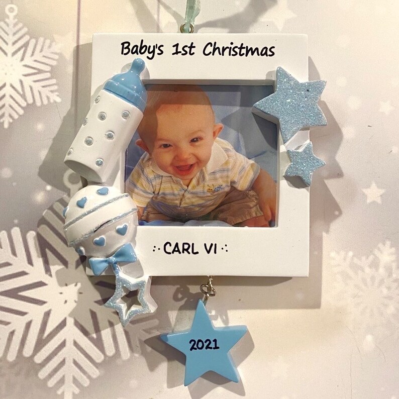 Personalized Baby Boy First Christmas Picture Frame Ornament Etsy
