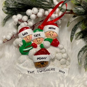 Personalized Snowball Family of 3 with Optional Pet Dog Cat Christmas Ornament