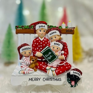 Personalized Pajama Family of 4 Reading Twas the Night Before Christmas with optional Pet Cat Dog Christmas Ornament