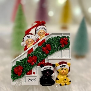 Personalized Couple Christmas Bannister Ornament with Optional Pet Dog Cat