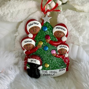 Personalized African American Dark Skin Family of 4 Decorating Christmas Tree Ornament with Optional Pet Dog Cat