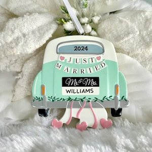 Personalized Just Married Wedding Couple Car Christmas Ornament