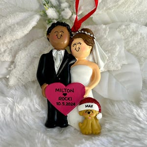 Personalized African American Groom Brunette Bride Wedding Couple with Optional Dog Cat Pet Christmas Ornament