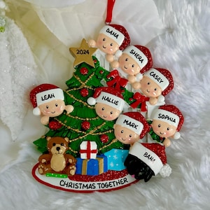 Personalized Family of 7 Peeking Christmas Tree with optional Pet Dog Cat Christmas Ornament