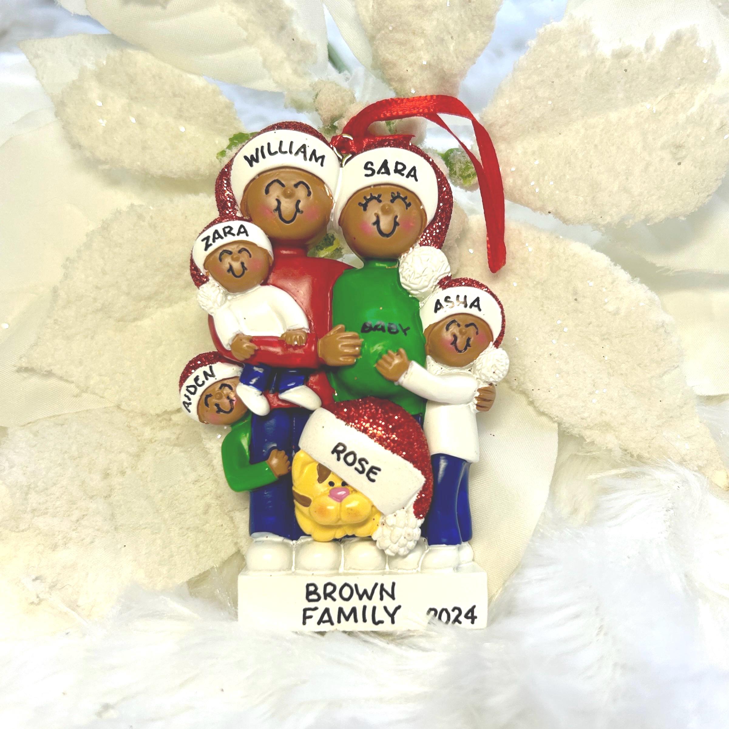 Personalized Pregnant African American Dark Skin Family 3 Children Christmas Ornament with Optional Pet Dog Cat Personalized Pregnant African American Dark Skin Family 3 Children Christmas Ornament with Optional Pet Dog Cat