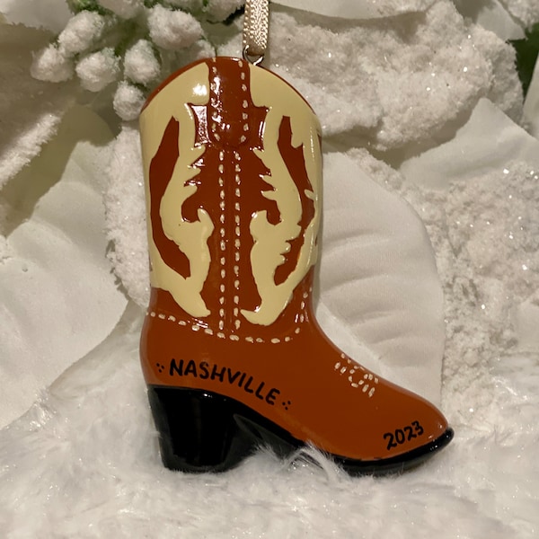 Personalized Brown Cowboy Boots Christmas Ornament