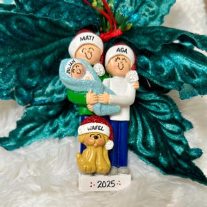 Personalized New Parents Baby Boy in Blue Swaddle Blanket Christmas Ornament with Optional Pet Dog Cat