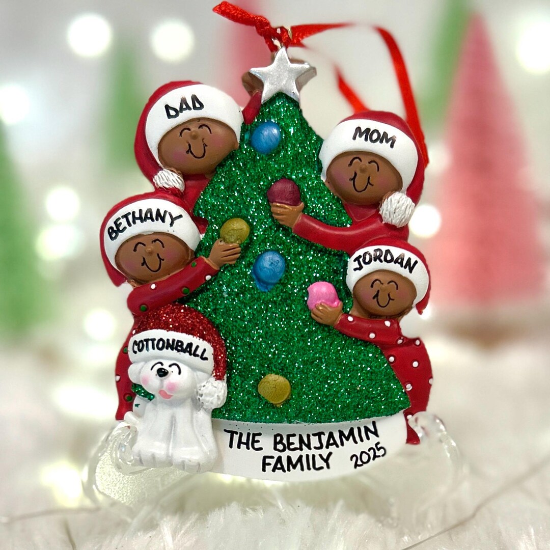 Personalized African American Dark Skin Family of 4 Decorating ...