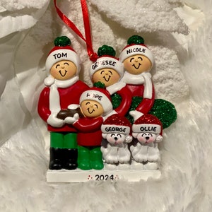 Personalized Family of 4 Carrying Christmas Tree Ornament with Optional Pet Dog Cat