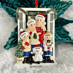 Personalized Farmhouse Family of 4 Christmas Ornament with Optional Pet Dog Cat