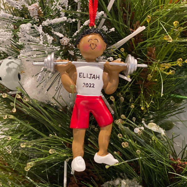 Personalized Weight Lifter Exercise African American Dark Skin Boy Christmas Ornament