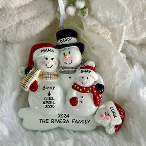 Pregnant Snowman Family 1 Child with Optional Pet Dog Cat Christmas Ornament