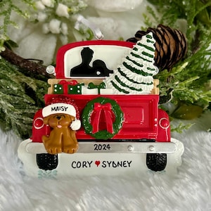 Personalized Couple in Red Truck Christmas Tree with Optional Pet Dog Cat Ornament