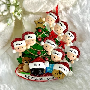 Personalized Family of 8 Peeking Christmas Tree with Optional Pet Dog Cat Christmas Ornament