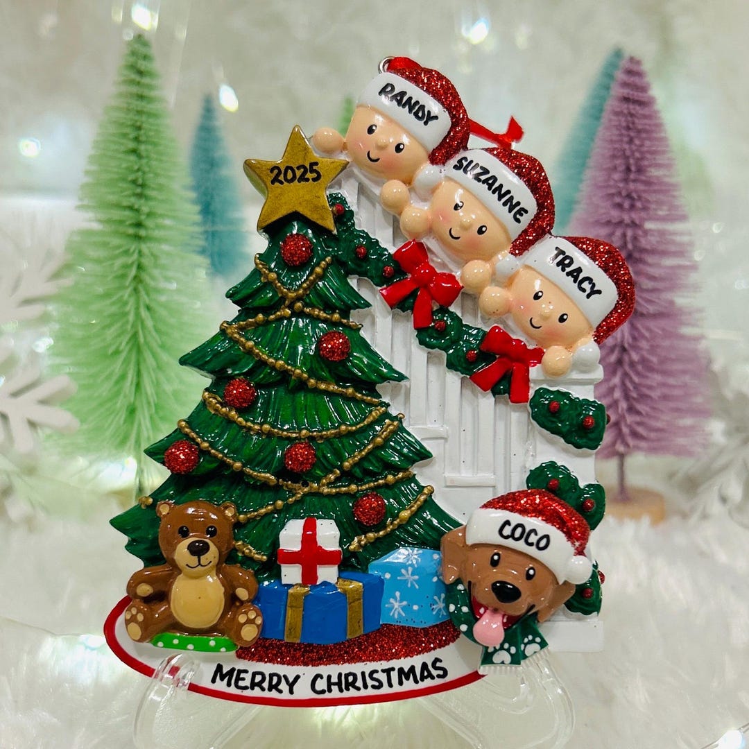 Personalized Family of 3 Peeking Christmas Tree With Optional Pet Dog ...