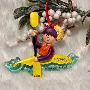 Personalized Blonde Girl on Kayak Christmas Ornament