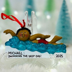 Personalized African American Dark Skin Male Boy Swimmer Christmas Ornament
