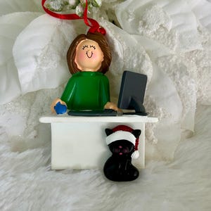 ON SALE!  Brunette Girl Computer User Virtual Home School Christmas Ornament with Optional Pet Cat Dog