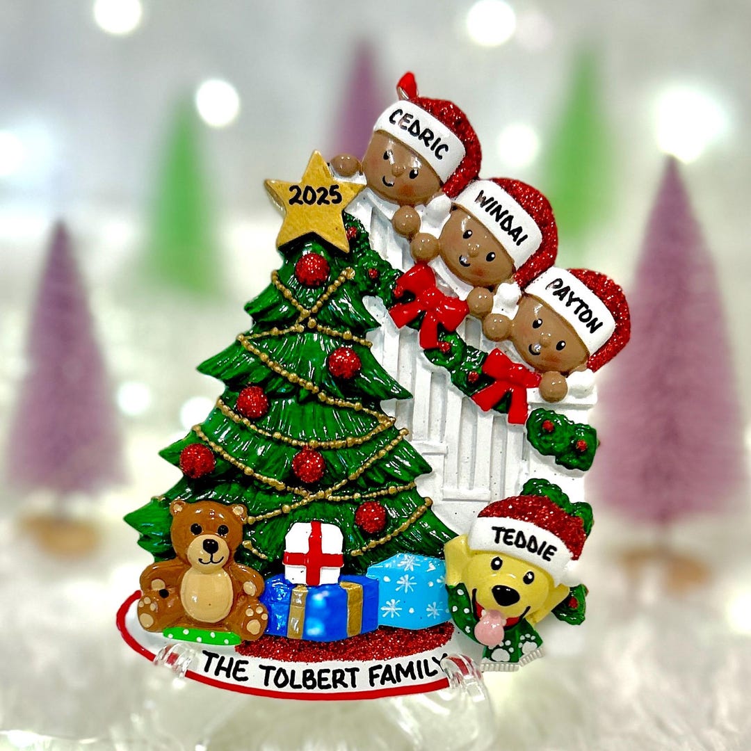 Personalized African American Family of 3 Peeking Christmas Tree With ...