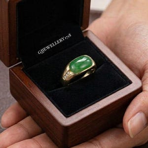 Natural Green Jade Ring in 14K Gold, Oval Jadeite Cabochon Statement Ring, Diamond Ring for Men & Women, Solitaire Jade Ring, Gift for Her