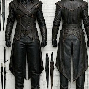 Shadow Assassin läderset: Tunika med huva, taktiska byxor, krigarkostym.
