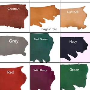 May include: A color chart displaying various leather swatches. Colors include black, burgundy, chestnut, English tan, grey, teal green, navy, red, wild berry, green, saguaro, and pink. Each swatch has a unique shape.