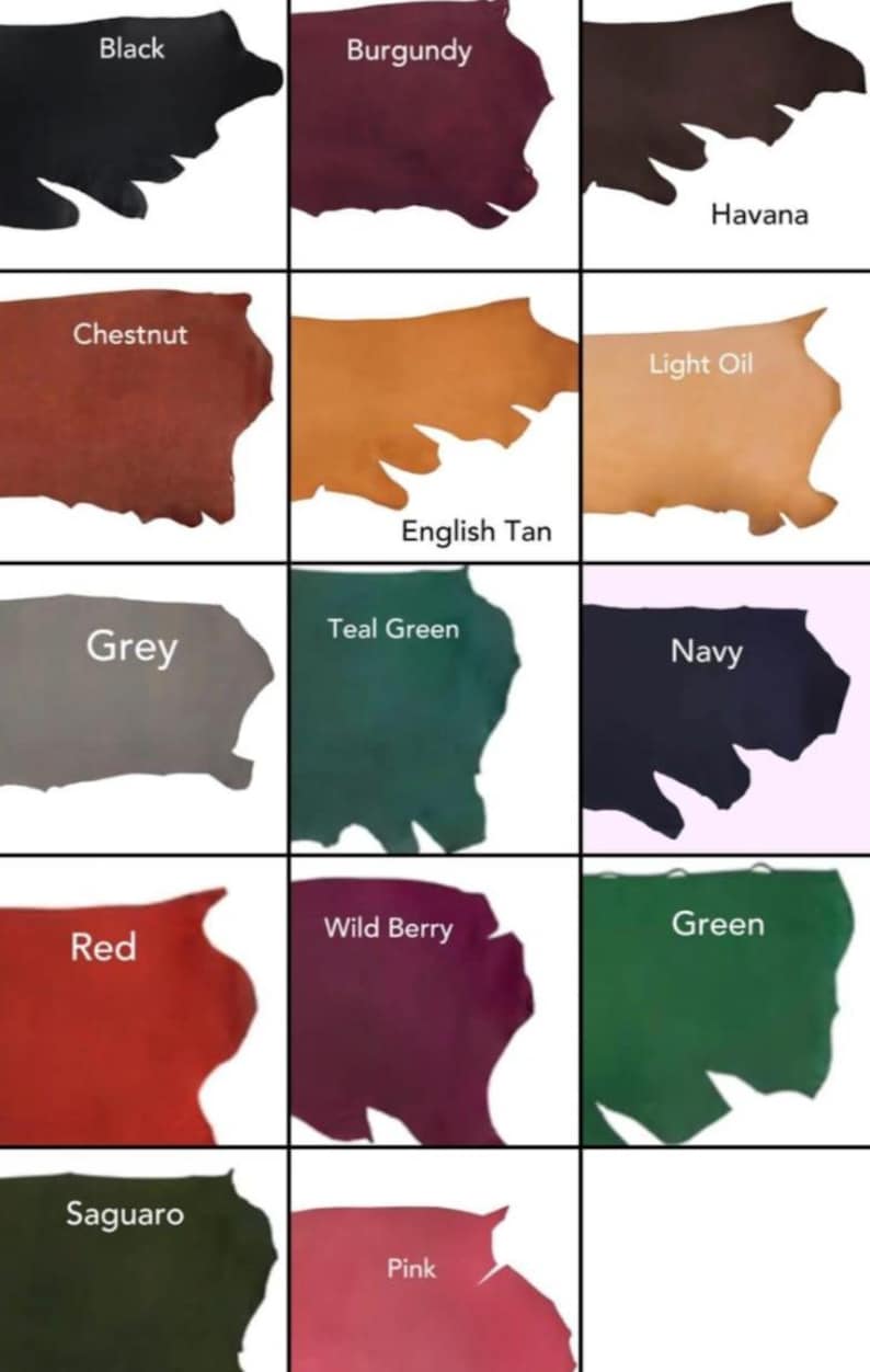 May include: A color chart displaying various leather swatches. Colors include black, burgundy, chestnut, English tan, grey, teal green, navy, red, wild berry, green, saguaro, and pink. Each swatch has a unique shape.