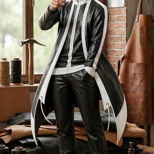 Könnte beinhalten: Schwarze Lederjacke und -hose mit weißen Akzenten. Die Jacke hat einen hohen Kragen und weiße Streifen. Die lange Jacke hat weiße Verzierungen an den Kanten. Das Outfit wird mit schwarzen Stiefeln kombiniert. Der Hintergrund umfasst Ledermaterialien und Werkzeuge.