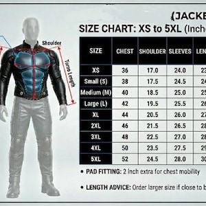 May include: Black and blue motorcycle jacket with a size chart from XS to 5XL. The chart provides chest, shoulder, sleeve, and length measurements in inches. Includes diagrams on how to measure chest, shoulder, and sleeve.