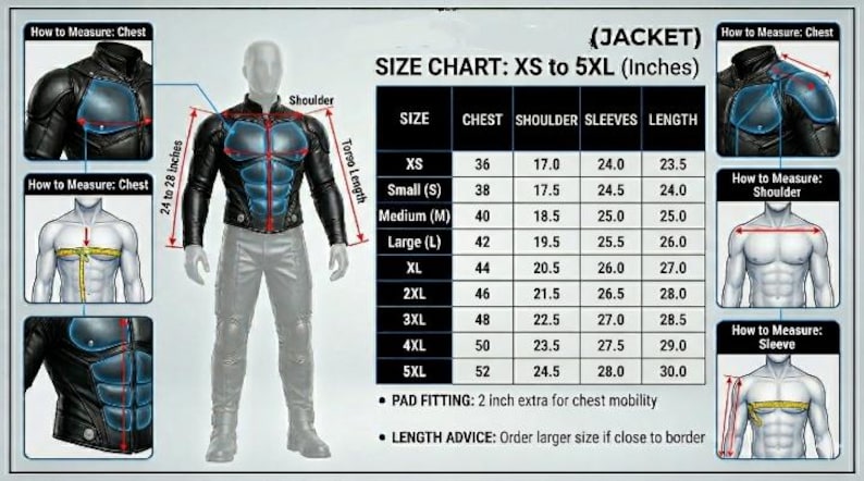 May include: Black and blue motorcycle jacket with a size chart from XS to 5XL. The chart provides chest, shoulder, sleeve, and length measurements in inches. Includes diagrams on how to measure chest, shoulder, and sleeve.