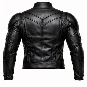 May include: Black leather jacket with a stand-up collar and quilted shoulder and arm details. The back of the jacket features a series of vertical and angled seams, creating a textured appearance. The jacket has a tailored fit.
