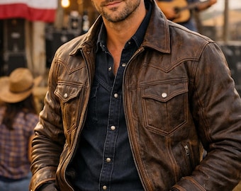 Genuine Cowhide Leather Cowboy Jacket and Hat Set, Rustic Western Outfit