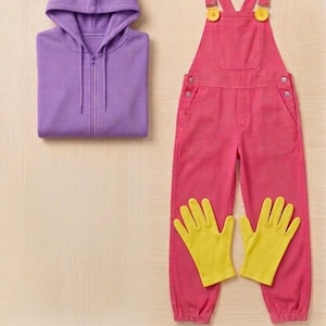 Pu&ograve; includere: Una felpa con cappuccio e zip viola, una salopette rosa con bottoni gialli sulle bretelle e due guanti gialli. La felpa presenta un cappuccio con coulisse, mentre la salopette &egrave; dotata di una tasca sul petto e rivetti metallici.