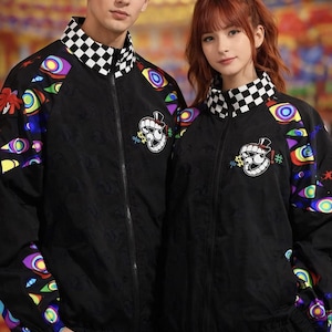The Digital Circus Jacket: Unisex, Checkerboard Collar, Eye-Patterned Sleeves