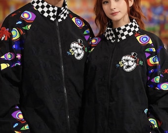 The Digital Circus Jacket: Unisex, Checkerboard Collar, Eye-Patterned Sleeves