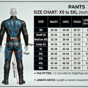 May include: Size chart for pants, showing measurements in inches for waist, hips, thigh, and inseam length. Includes diagrams illustrating how to measure. Sizes range from XS to 5XL.