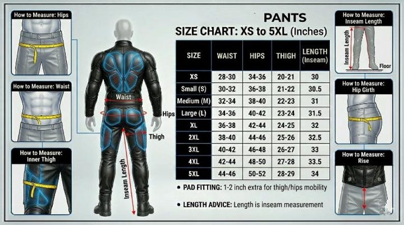 May include: Size chart for pants, showing measurements in inches for waist, hips, thigh, and inseam length. Includes diagrams illustrating how to measure. Sizes range from XS to 5XL.