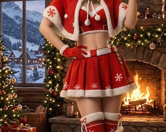 Reindeer Cosplay Wool Holiday Outfit: Hooded Cape, Crop Top, Skirt, Stockings, Gloves