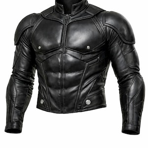 May include: Black leather jacket with a high collar and a zipper closure. The jacket features padded shoulders and detailed stitching, giving it a structured appearance. Silver-toned buttons are visible on the chest and sleeves. The jacket is designed to resemble a superhero costume.